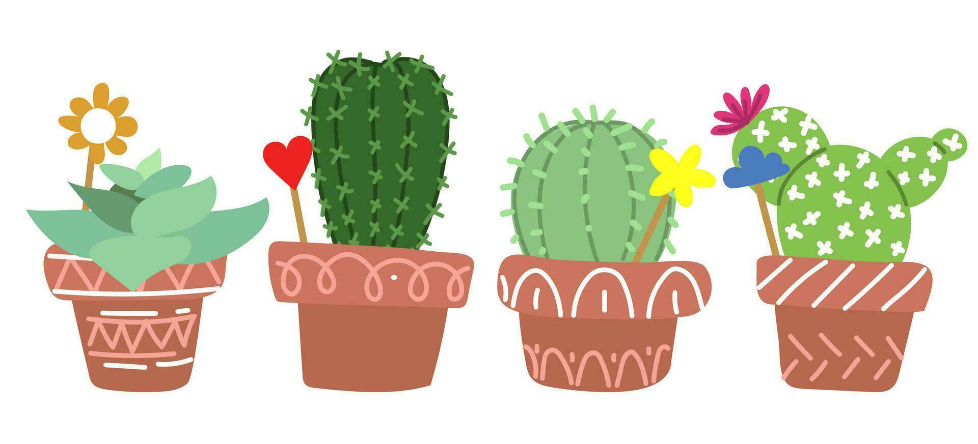 un' impostato di carino cactus nel pentole. esso può essere Usato per cartoline, inviti o come un' etichetta. interno impianti con decorato su un' bianca sfondo. stampa un isolato spinato collezione per adesivi vettore