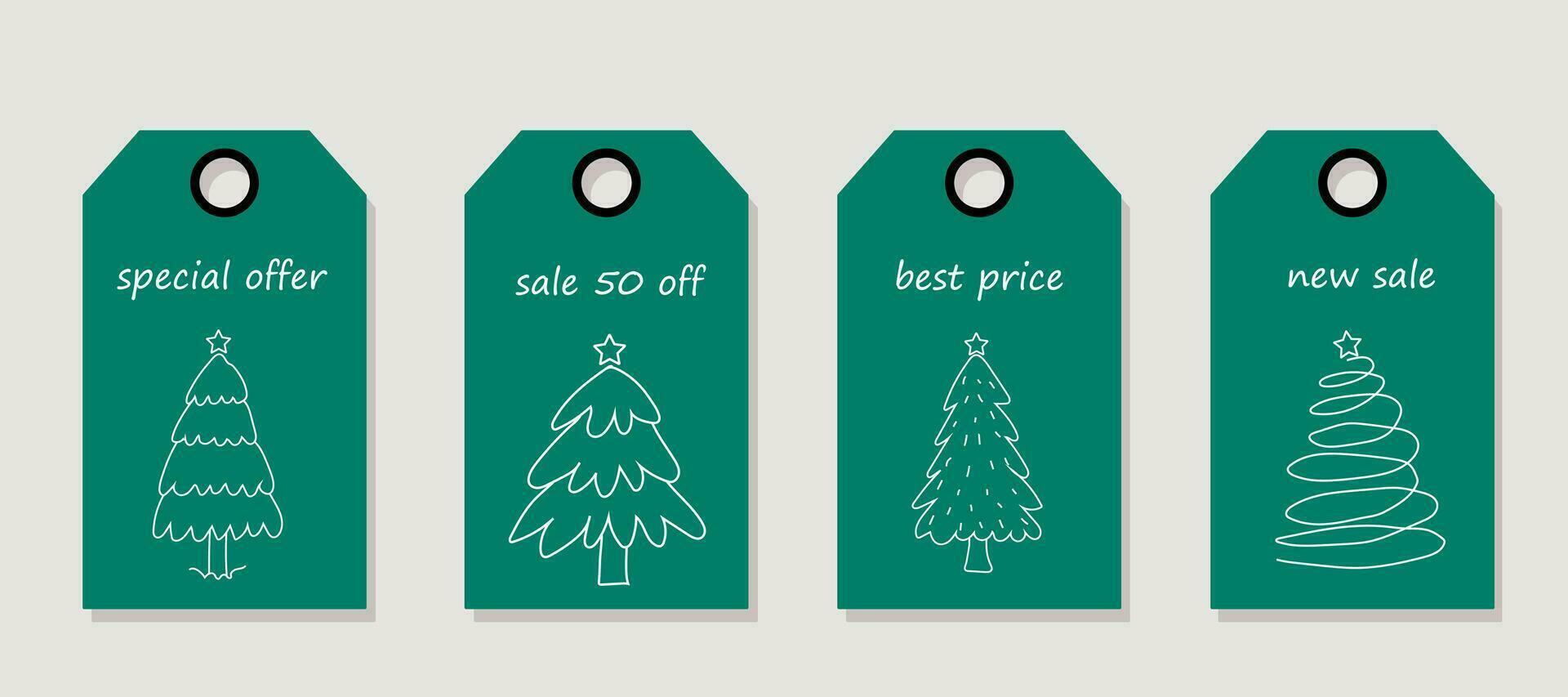 vettore impostato di sconto prezzo tag. etichette con Natale albero linea su un' verde isolato sfondo. modello per shopping tag. Natale saldi.