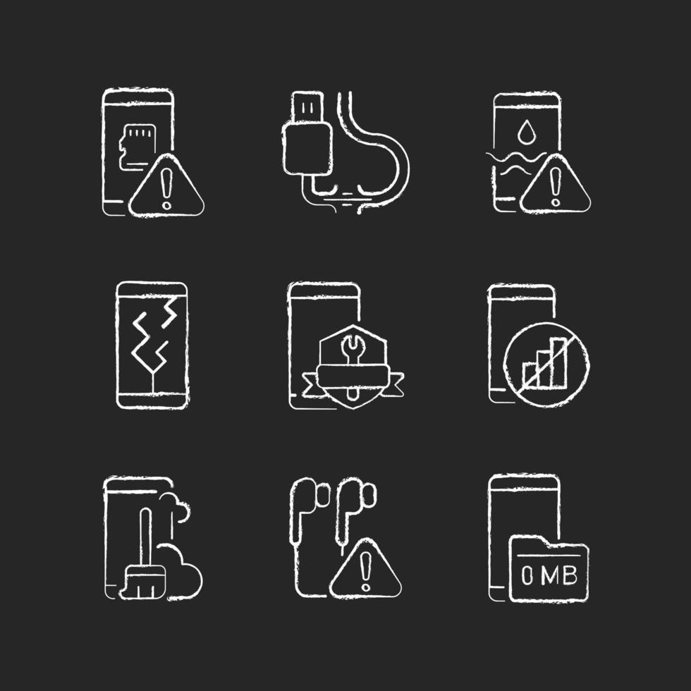 problemi tecnici del telefono cellulare icone bianche gesso impostate su sfondo scuro vettore