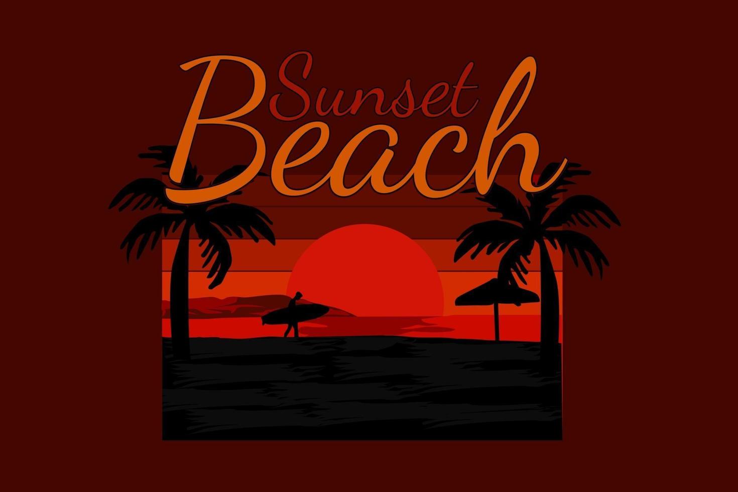design retrò silhouette spiaggia al tramonto vettore
