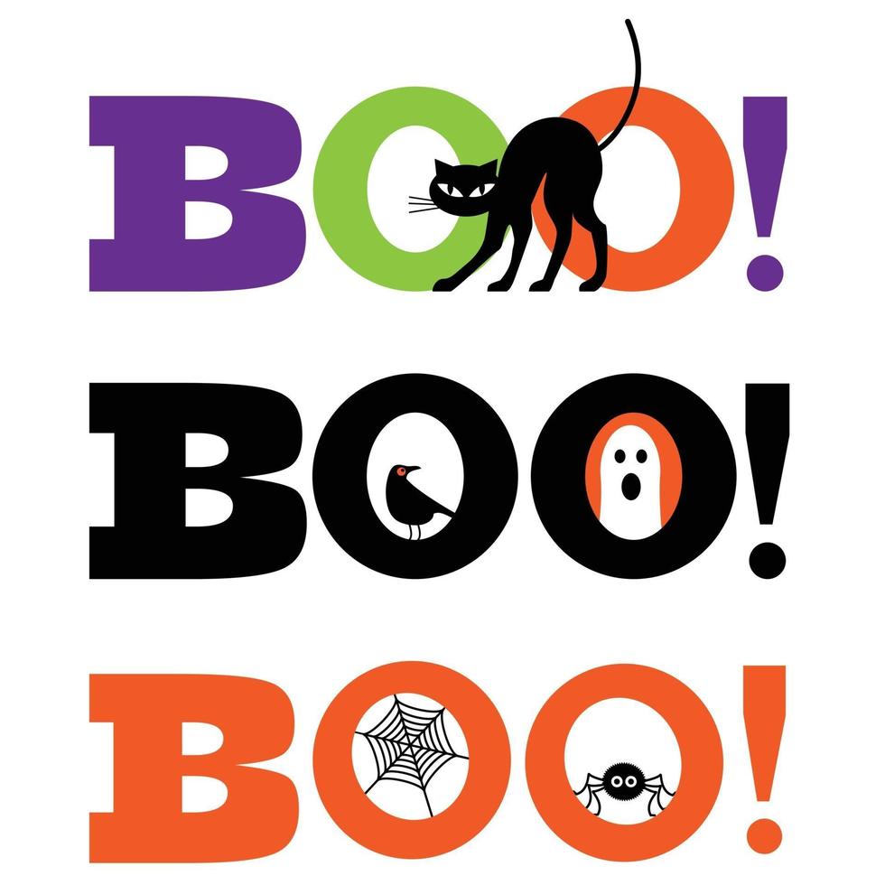 grafica di halloween boo con gatto nero, fantasma, ragno, ragnatela, uccello vettore