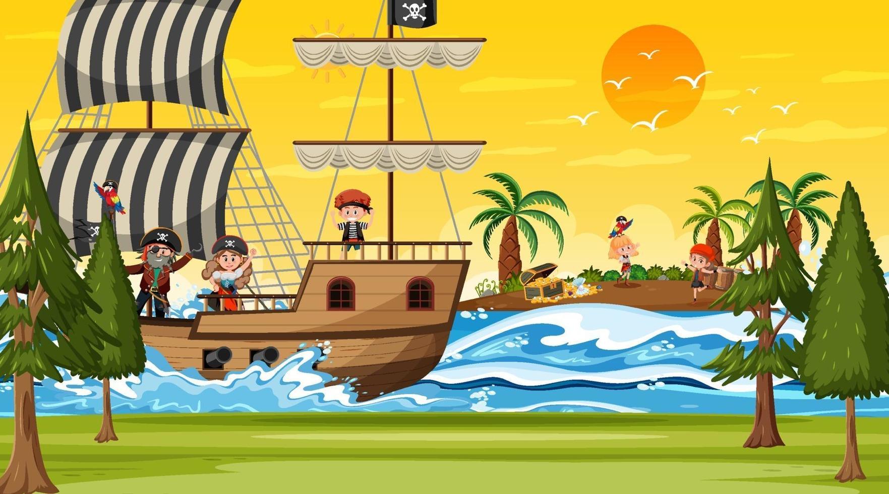 scena dell'isola del tesoro al tramonto con bambini pirati sulla nave vettore