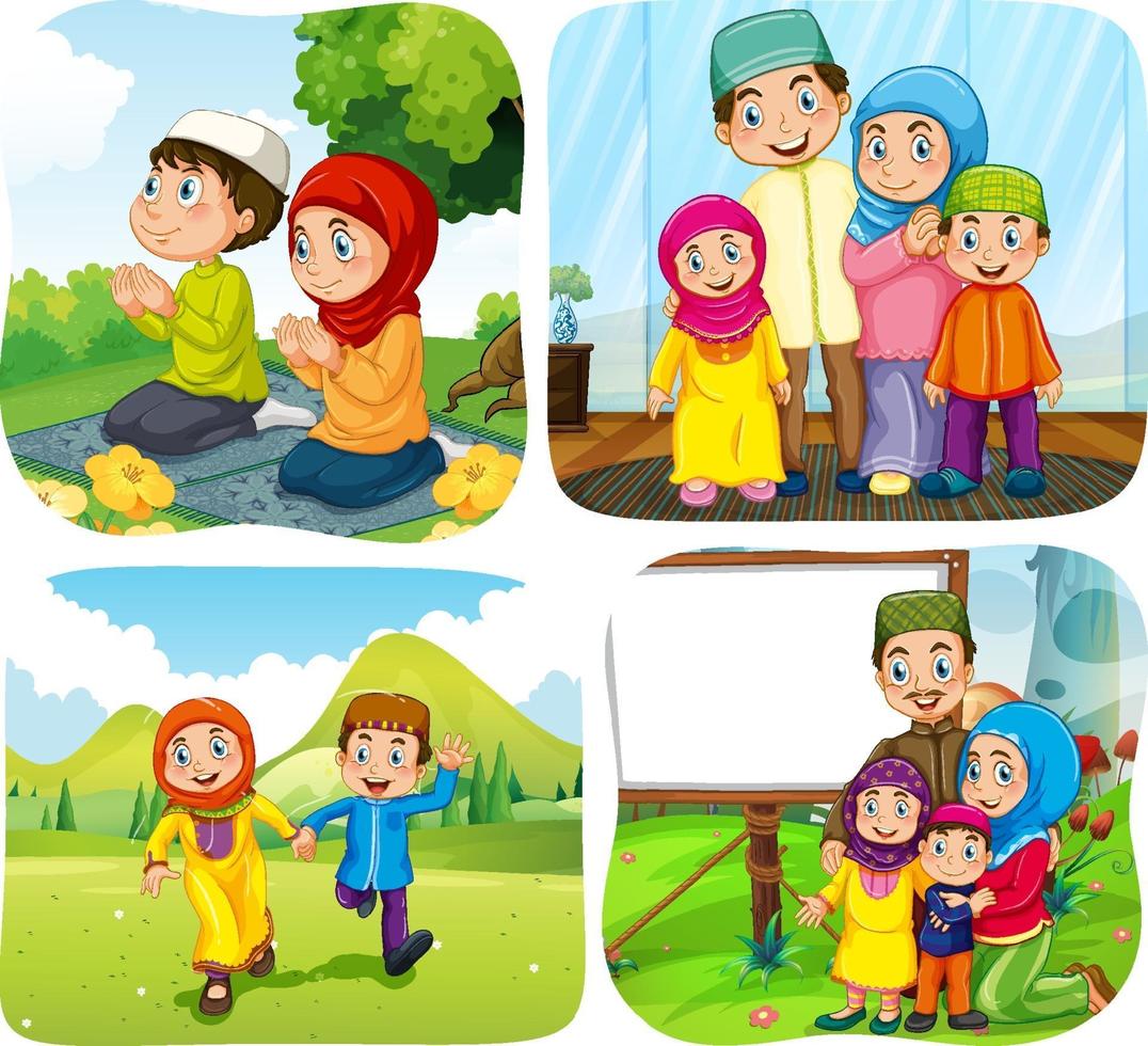 set di personaggi dei cartoni animati di persone musulmane in scene diverse vettore