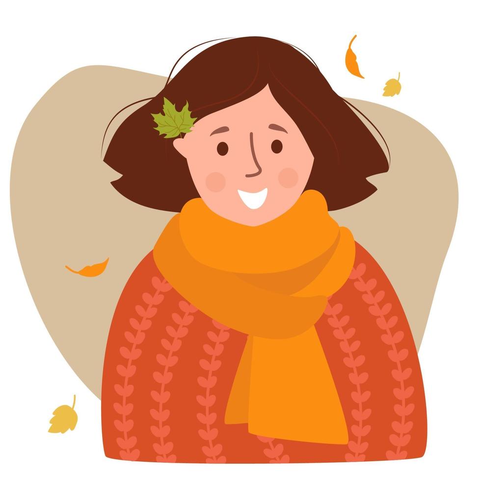 ritratto di una ragazza con una sciarpa con foglie d'autunno tra i capelli vettore