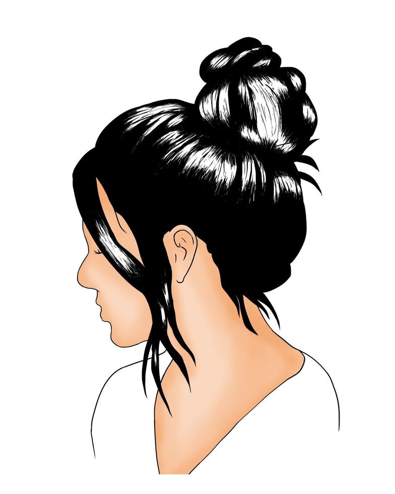 bella ragazza disegnata a mano colorata con capelli disordinati neri in chignon, vettore