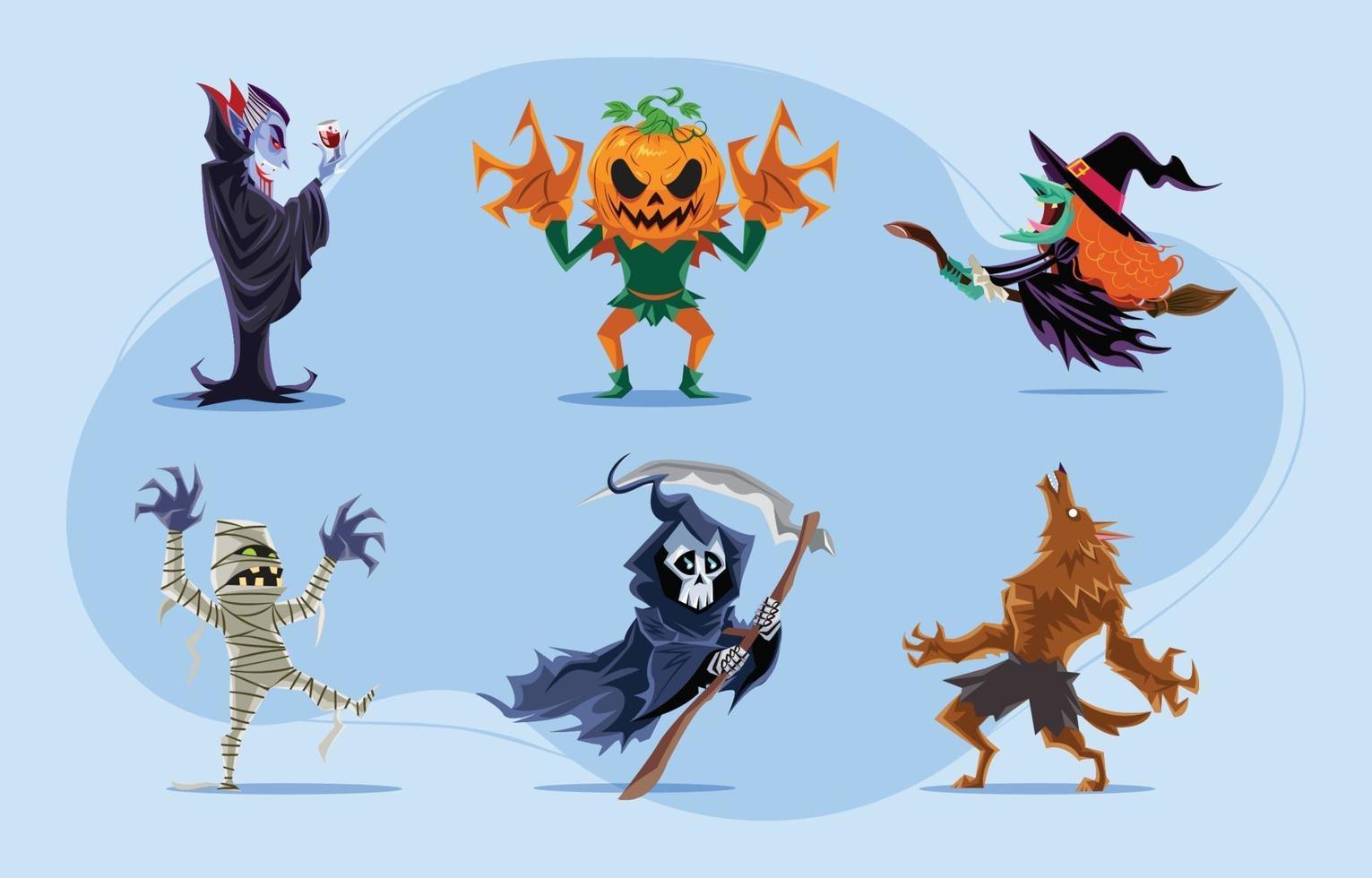 pacchetto di personaggi dei mostri di halloween vettore