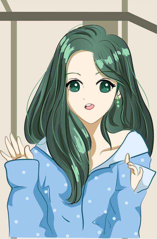 illustrazione di cartone animato capelli lunghi verde ragazza carina e bella vettore
