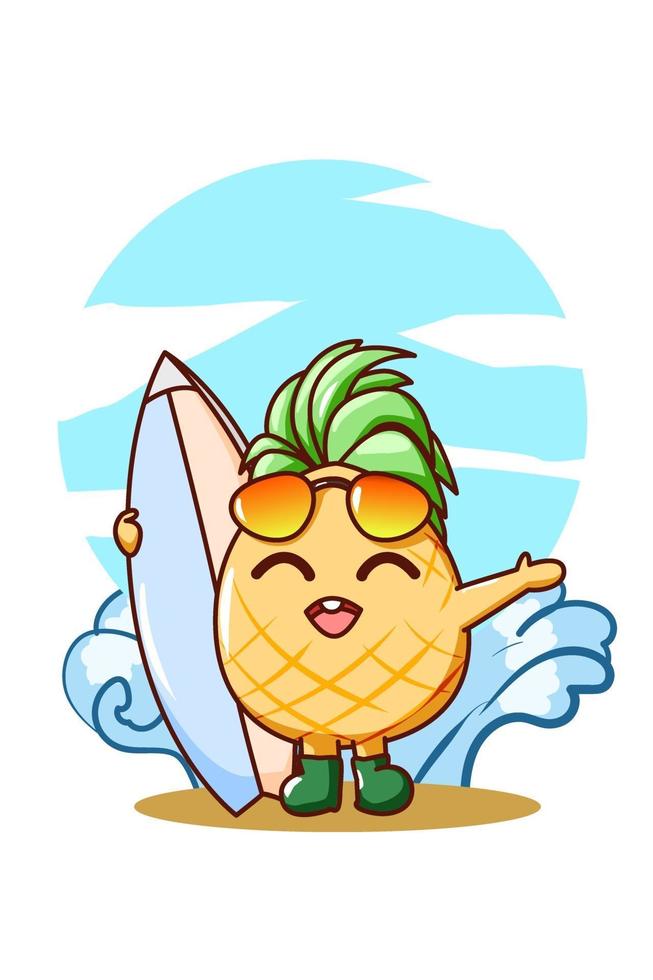 simpatico ananas con tavola da surf in estate fumetto illustrazione vettore