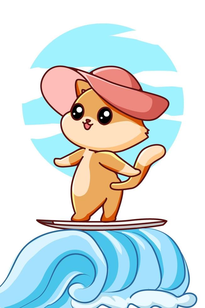 simpatico gatto con tavola da surf in estate fumetto illustrazione vettore