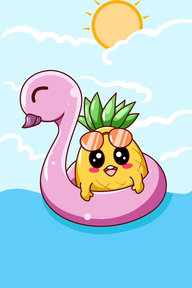 simpatico ananas che nuota nell'illustrazione di cartone animato estivo vettore