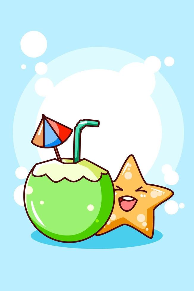 giovane noce di cocco con le stelle marine nell'illustrazione del fumetto di estate vettore