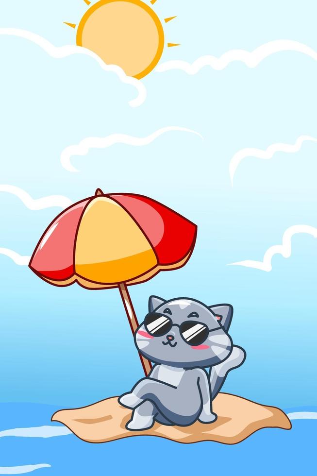 felice e goditi il gatto in spiaggia nell'illustrazione del fumetto di estate vettore