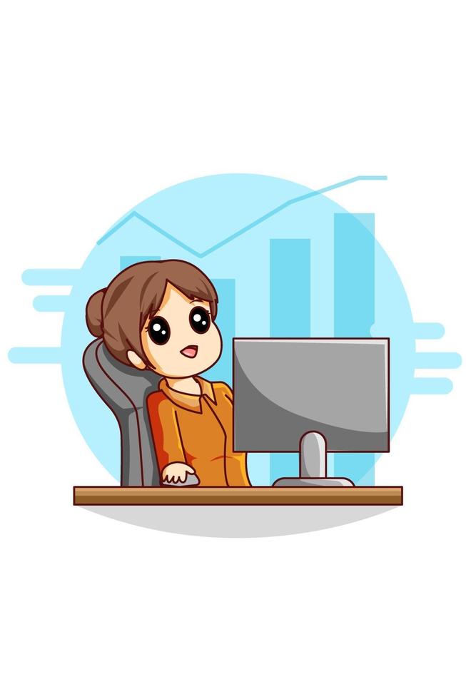 donna che lavora con laptop e diagramma affari fumetto illustrazione vettore