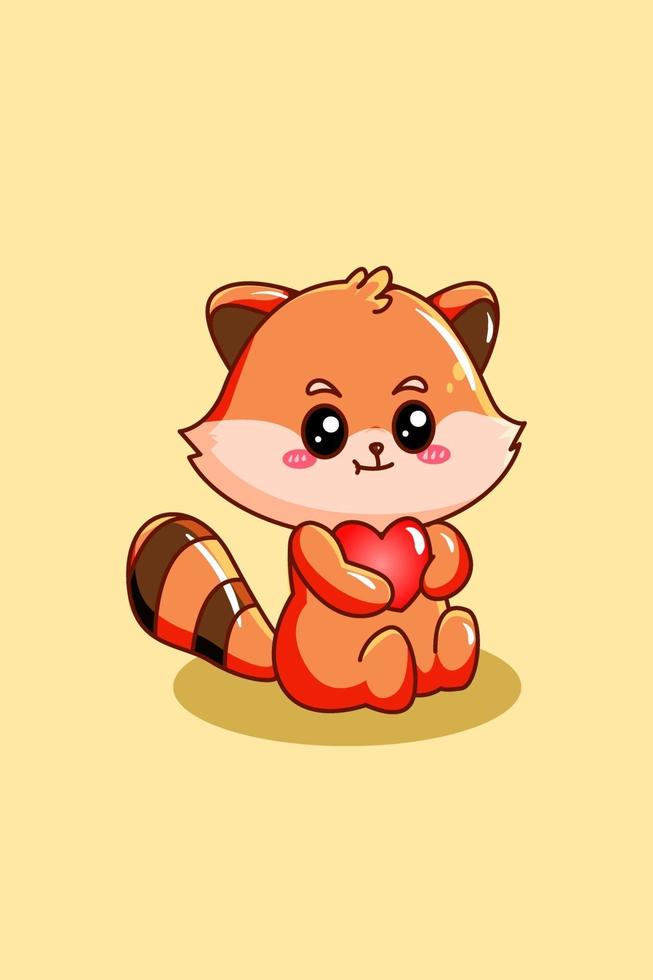 simpatico e divertente panda rosso con illustrazione di cartone animato animale cuore vettore
