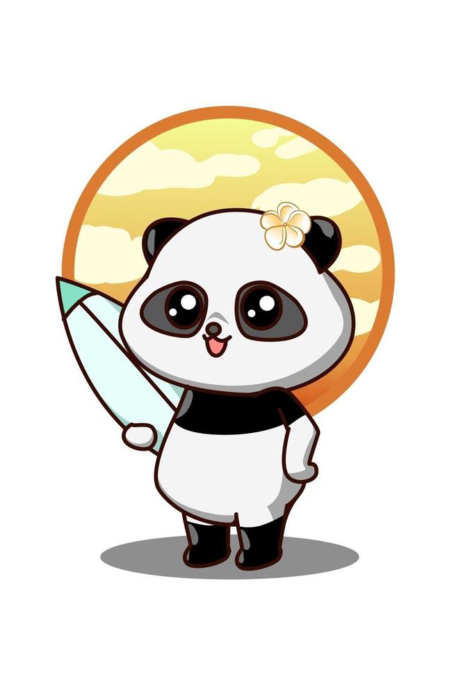 simpatico panda con illustrazione di cartone animato icona tavola da surf vettore