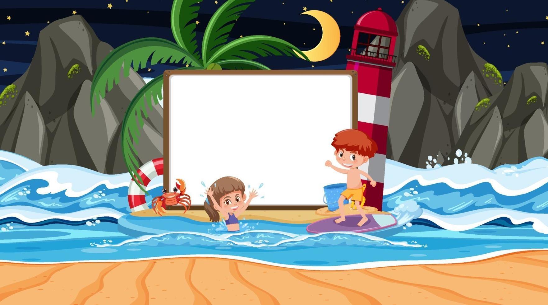 bambini in vacanza estiva in spiaggia scena notturna con uno striscione vuoto vettore