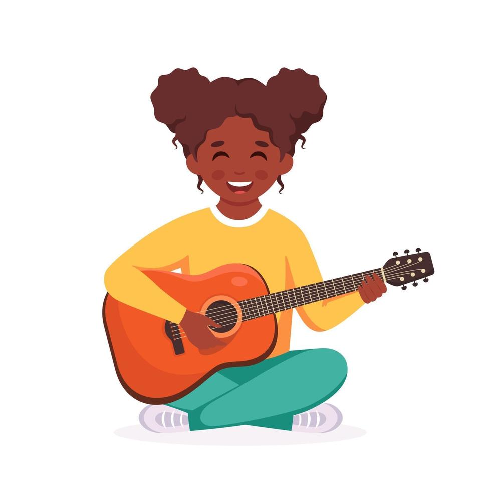 piccola ragazza nera che suona la chitarra. bambino che suona uno strumento musicale. vettore