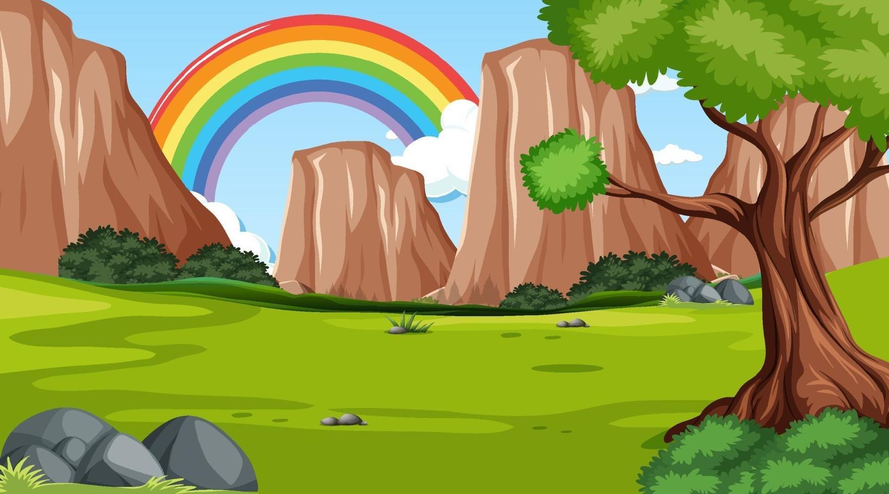 sfondo della scena della natura con arcobaleno nel cielo vettore