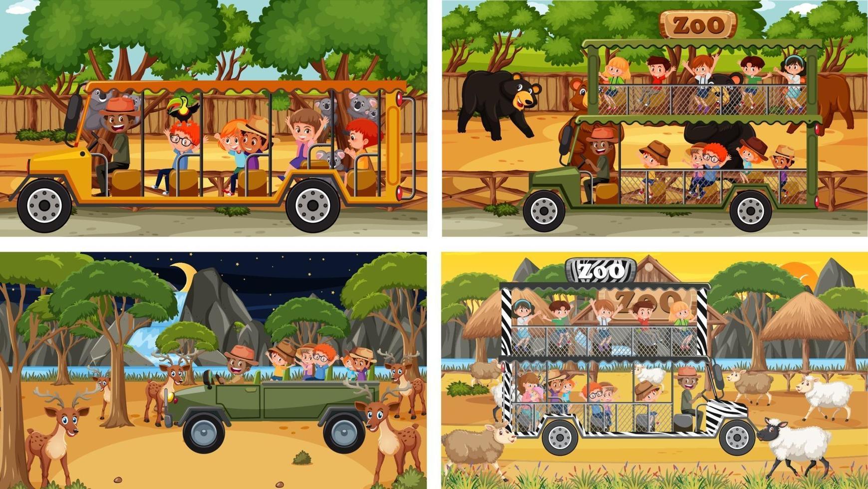 set di diverse scene di safari con animali e personaggi dei cartoni animati per bambini vettore