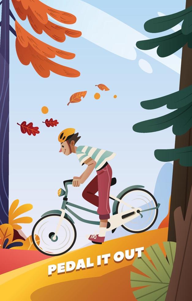 un ragazzo in bicicletta in autunno vettore