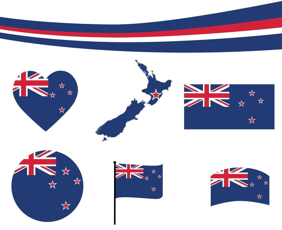 Nuova Zelanda bandiera mappa nastro cuore icone illustrazione vettoriale abstract