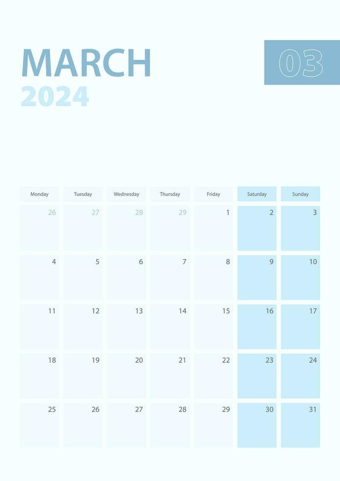 verticale calendario pagina di marzo 2024, settimana inizia a partire dal lunedì. vettore