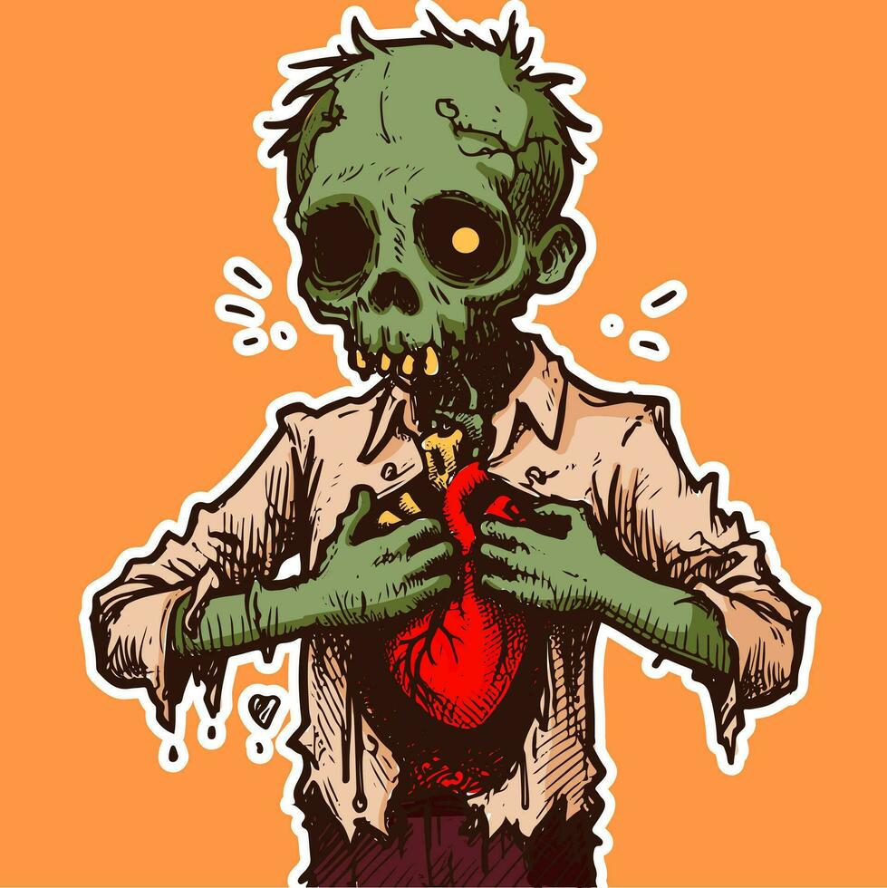 vettore di un' verde zombie con un' cuore dentro il suo costola gabbia. Gotico illustrazione di un' grunge cartone animato mostro con verde pelle sensazione amore.