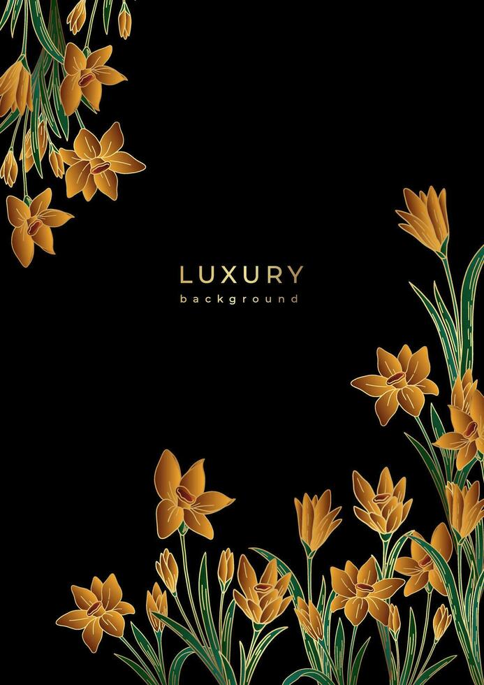 lusso Vintage ▾ manifesto con d'oro fiori. vaniglia orchidea fiorire telaio su nero sfondo. oro floreale modello vettore