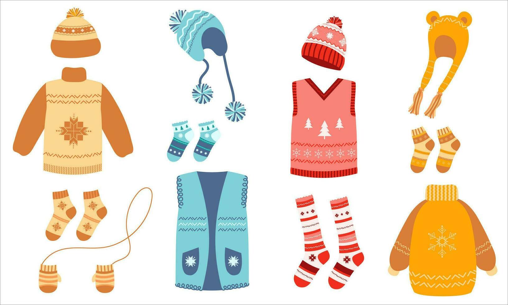 impostato di caldo inverno Abiti design. inverno Accessori cartone animato vettore illustrazione