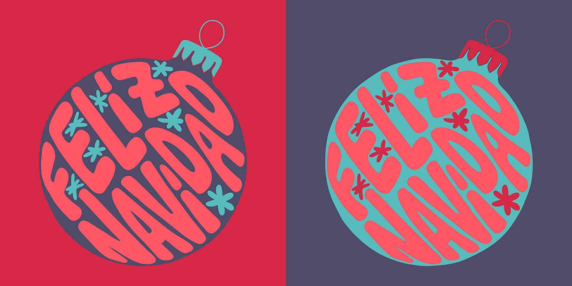 Natale Groovy scritta. mano disegnato slogan allegro Natale nel spagnolo nel un' Natale palla forma. di moda Stampa design nel retrò stile per manifesti, carte, camicia Stampa sociale media grafica vettore