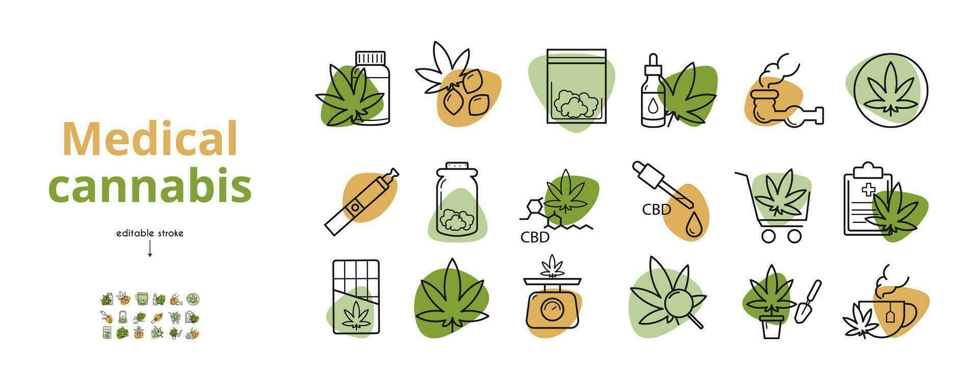 medico marijuana impostato di lineare icone. medicinale, canapa semi, prescrizione, canapa olio, Tè, cioccolato. canapa memorizzare vettore