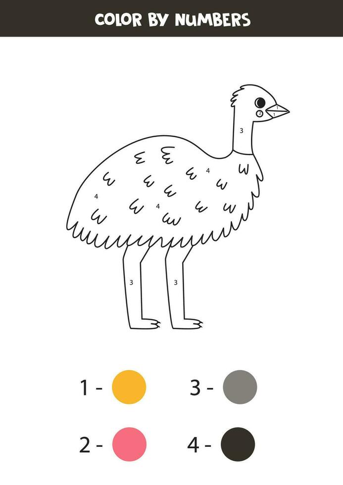 colore cartone animato emu struzzo di numeri. foglio di lavoro per bambini. vettore