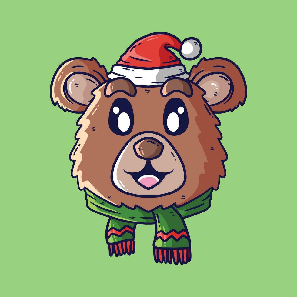 carino cartone animato vettore illustrazione di orso testa indossare Santa cappello e inverno sciarpa. Natale orso cartone animato illustrazione