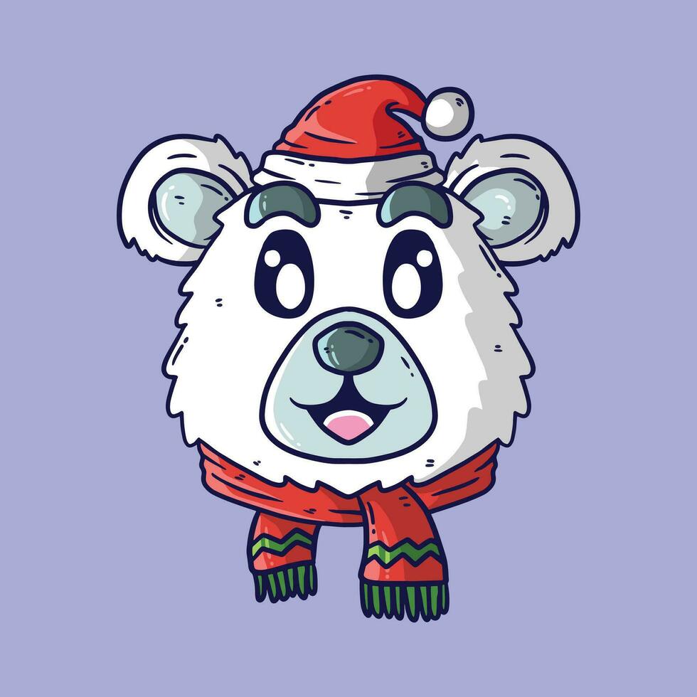 carino cartone animato vettore illustrazione di polare orso testa indossare Santa cappello e inverno sciarpa. Natale polare orso cartone animato illustrazione