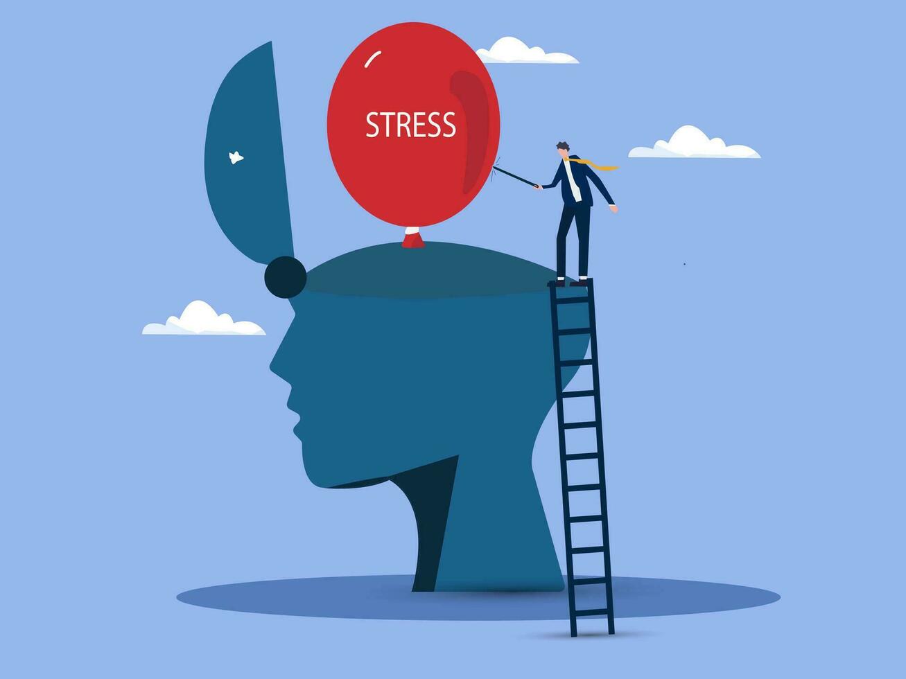 gestione dello stress, rilassamento per alleviare l'ansia o la rabbia dal cervello, meditazione per aiutare a ridurre il concetto di stress, il medico aiuta a risolvere il problema dell'ansia usando l'ago per far scoppiare il palloncino dello stress. vettore