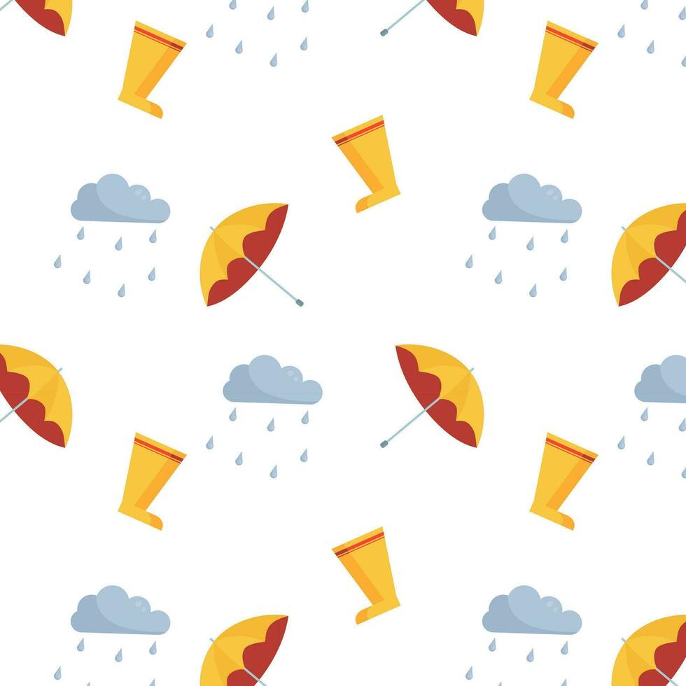 piovoso tempo metereologico modello con Wellington stivali, piovoso nube e ombrello. autunno modello nel cartone animato stile. vettore