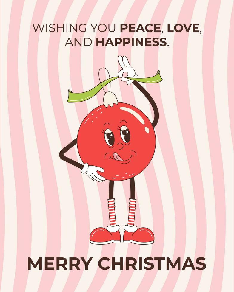 Groovy Natale saluto carta con Natale palla e saluto testo. divertente retrò cartone animato Natale personaggio nel anni '60-'70 Vintage ▾ stile. vettore