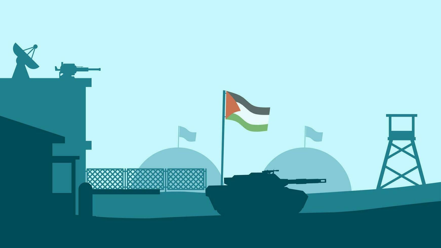 militare Palestina paesaggio vettore illustrazione. silhouette di militare base con serbatoio e Palestina bandiera. Palestina illustrazione per sfondo, sfondo, problema e conflitto