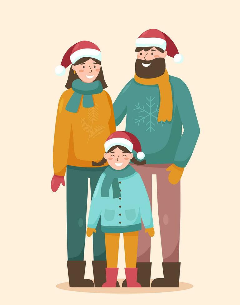 Natale famiglia nel Babbo Natale cappelli vettore