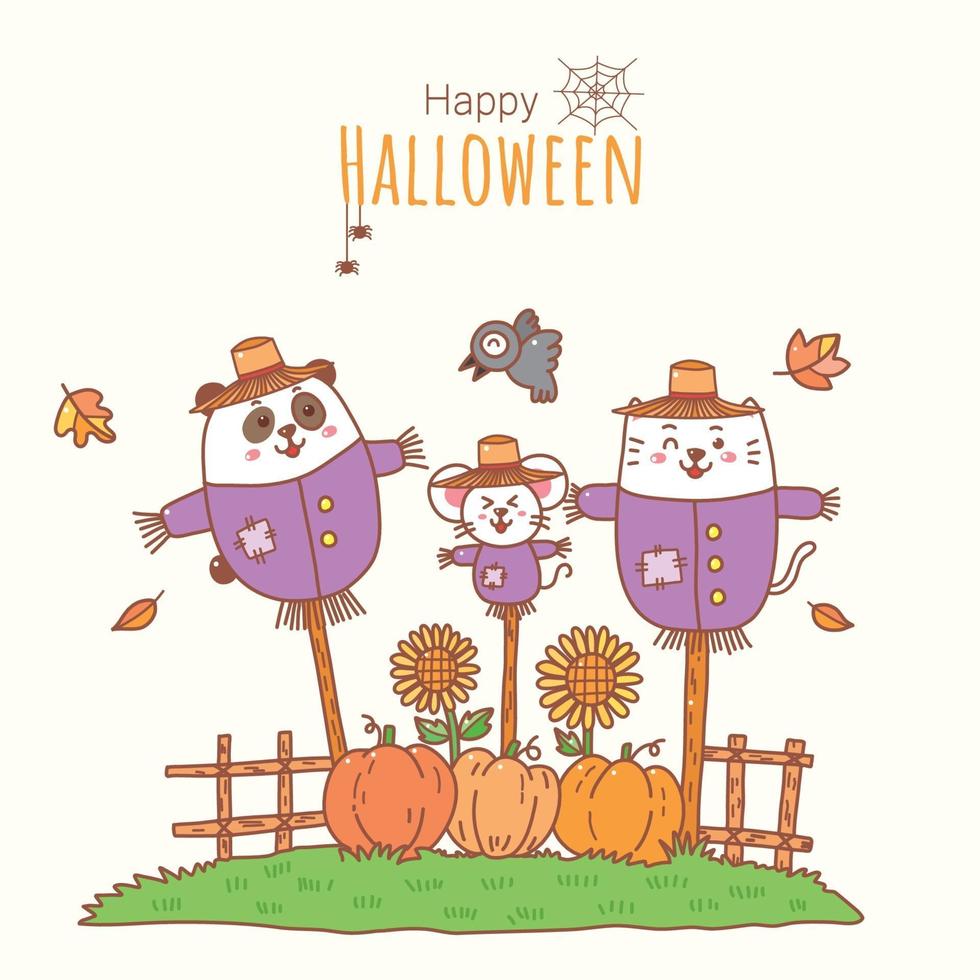 simpatico cartone animato di halloween in costume da spaventapasseri su zucca e girasoli. vettore