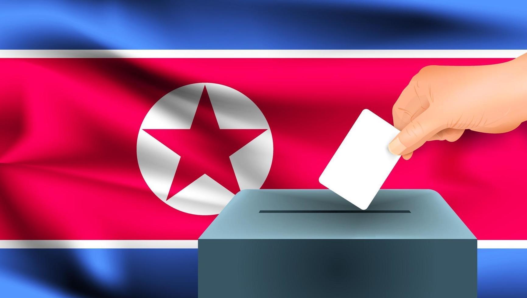 bandiera della corea del nord, voto a mano maschile con sfondo della bandiera della corea del nord vettore