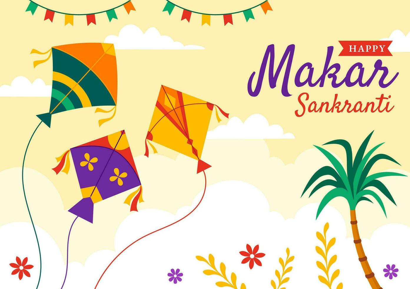 makar sankranti vettore illustrazione. traduzione il raccogliere Festival. indiano festivo con volante colorato aquiloni e corda bobine nel piatto sfondo