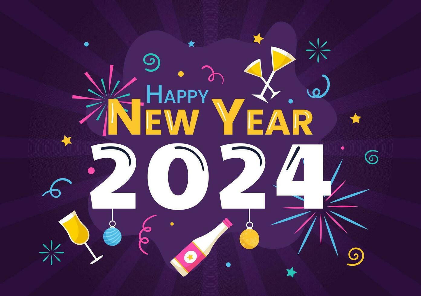 contento nuovo anno 2024 celebrazione vettore illustrazione con tromba, fuochi d'artificio, nastri e coriandoli nel vacanza nazionale piatto cartone animato sfondo