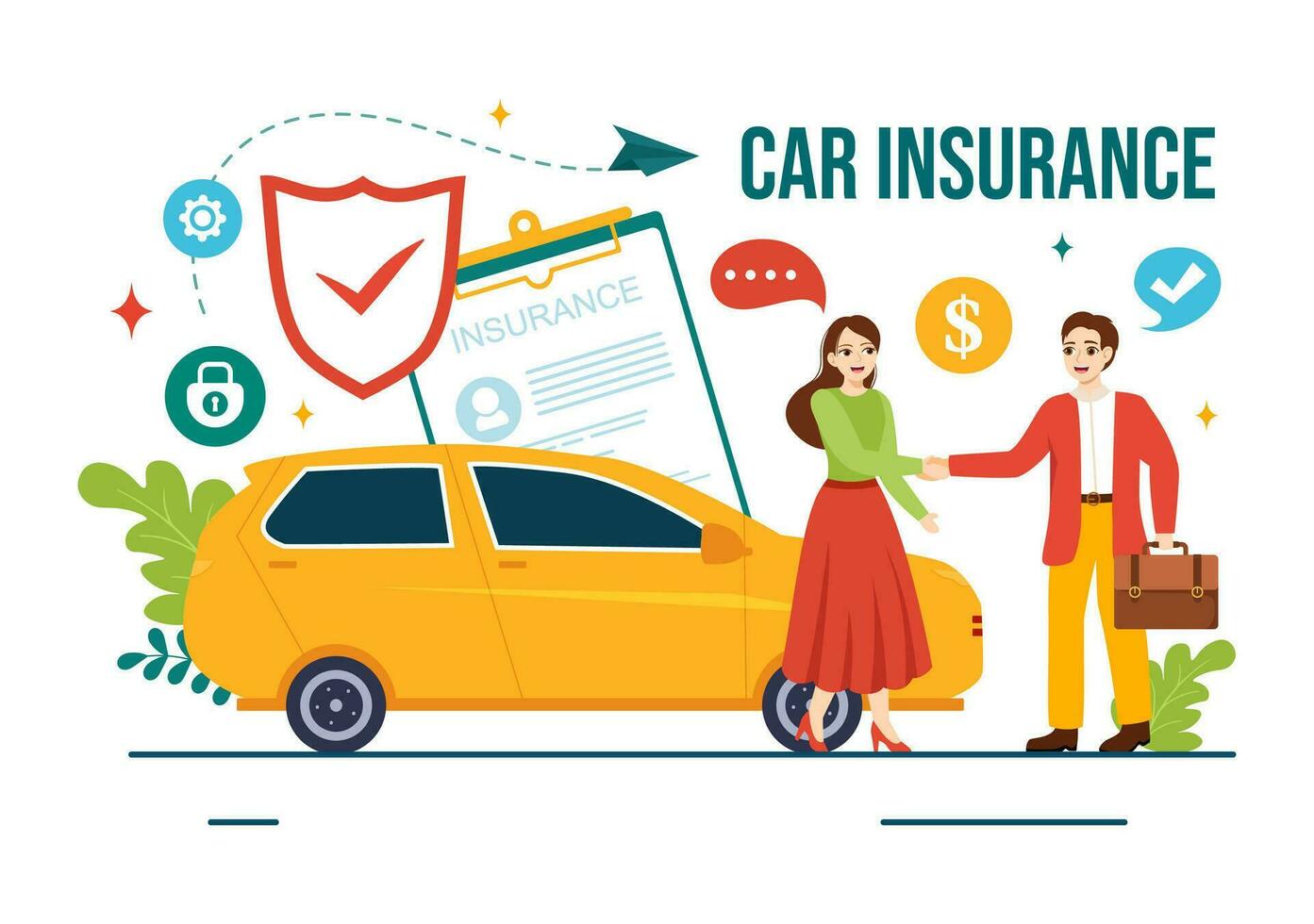 auto assicurazione vettore illustrazione per protezione per veicolo danno e emergenza rischi con modulo documento e macchine nel piatto cartone animato sfondo