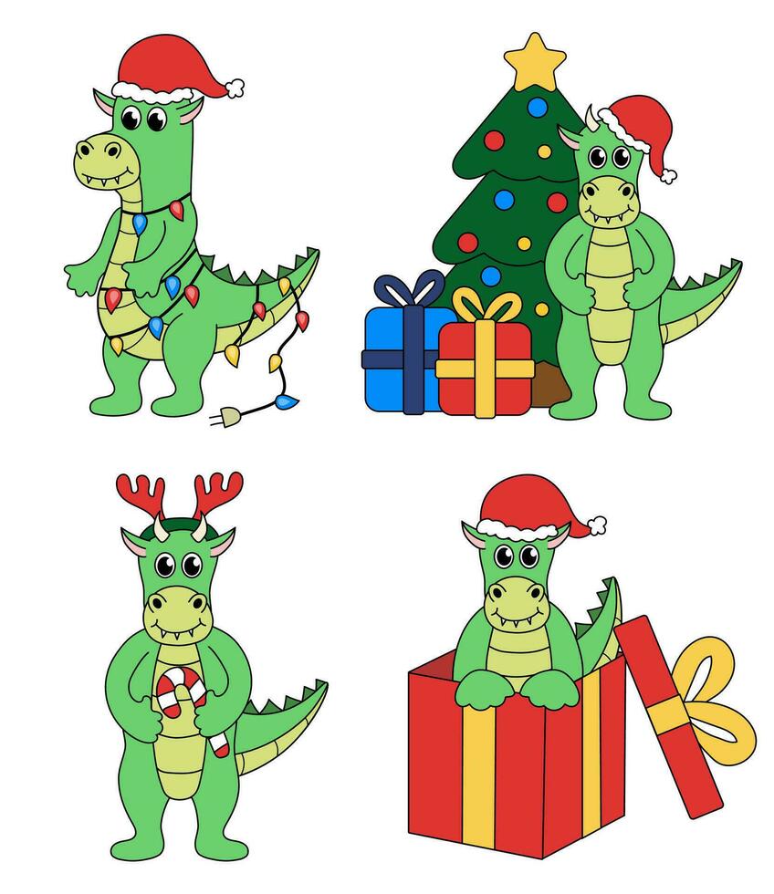 impostato di cartone animato Natale e nuovo anno Drago personaggi. carino Drago nel regalo scatola, ghirlanda, caramella canna, cervo ramificazione fascia per capelli, Natale albero. vettore piatto illustrazione.