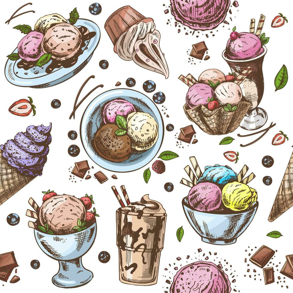 vettore Vintage ▾ senza soluzione di continuità modello di diverso tipi di ghiaccio crema e dolce cibo. un' disegnato a mano colore illustrazione di dolci. grande per menù, manifesto o ristorante sfondo.