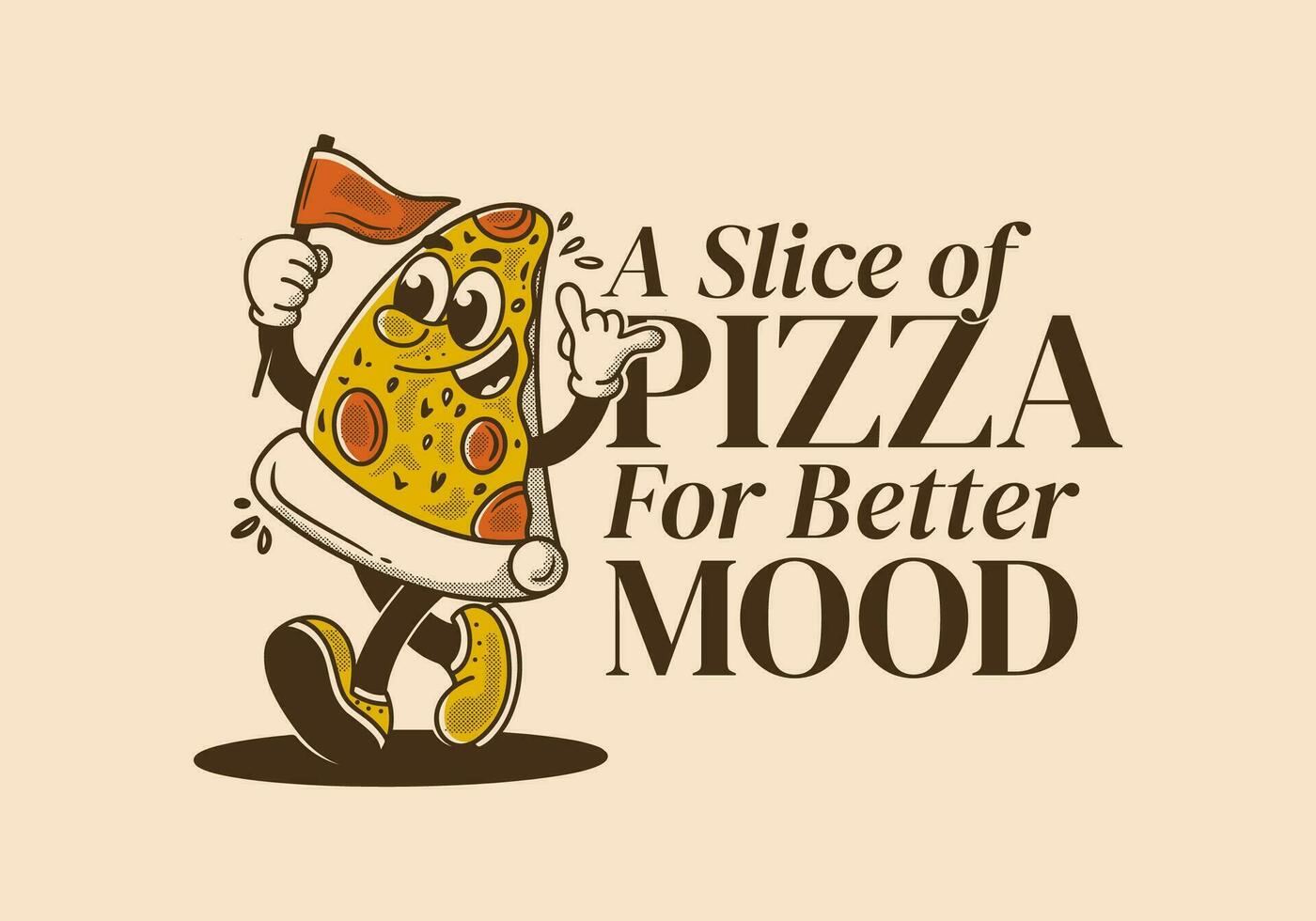 un' fetta di Pizza per meglio umore. portafortuna personaggio illustrazione di a piedi Pizza, Tenere un' bandiera vettore