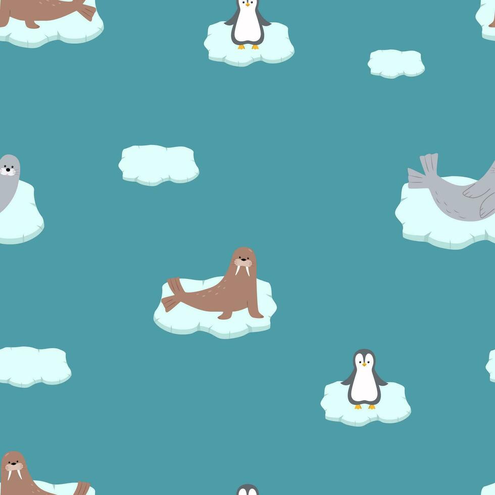 senza soluzione di continuità modello carino artico animali. vettore illustrazione con divertente polare animali. tricheco, pinguino e un' Marina Militare foca su un ghiaccio lastrone.