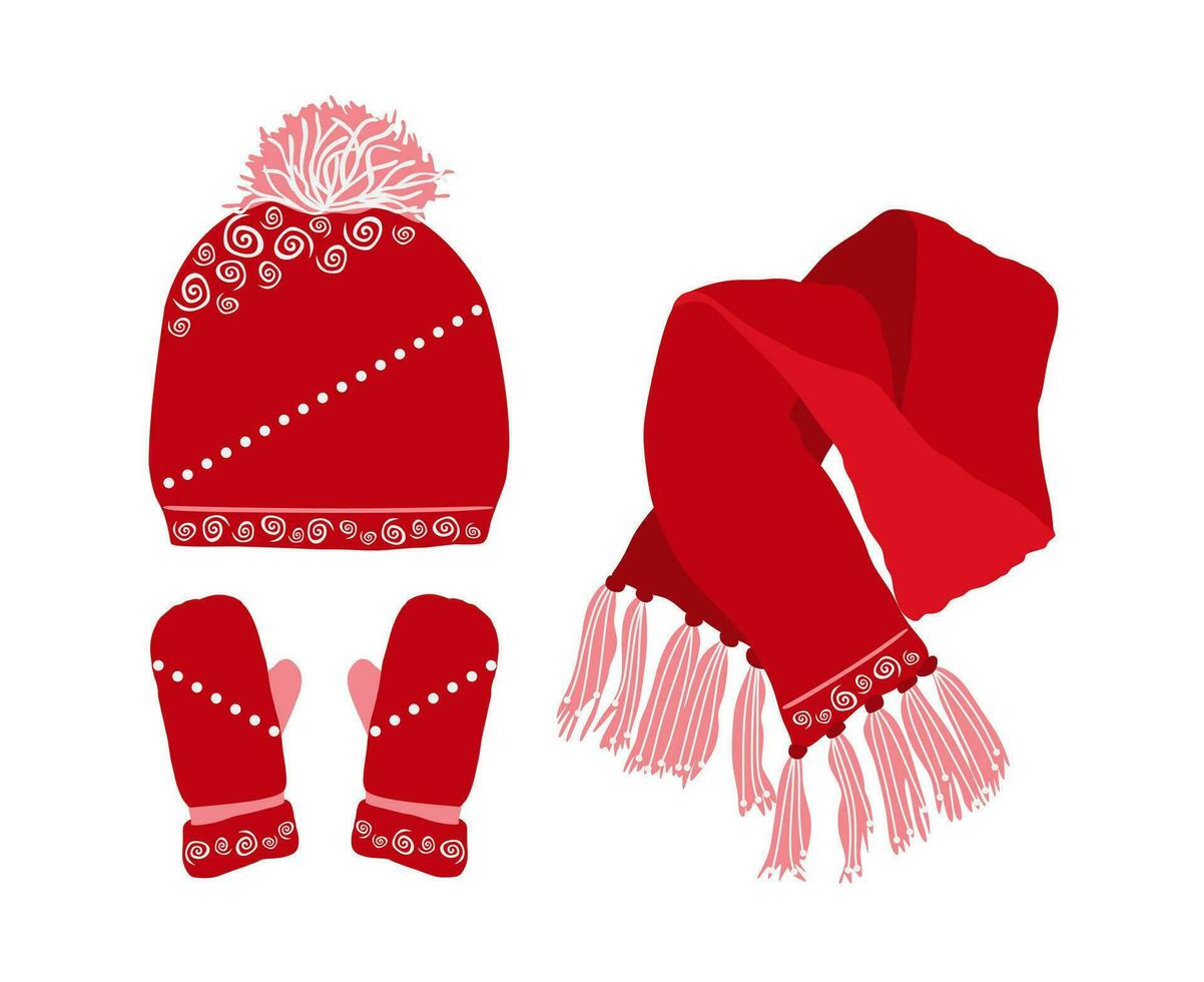 rosso cappello con un' pompon, sciarpa e muffola impostato a maglia di stagione inverno tradizionale Accessori con spirale ornamento vettore