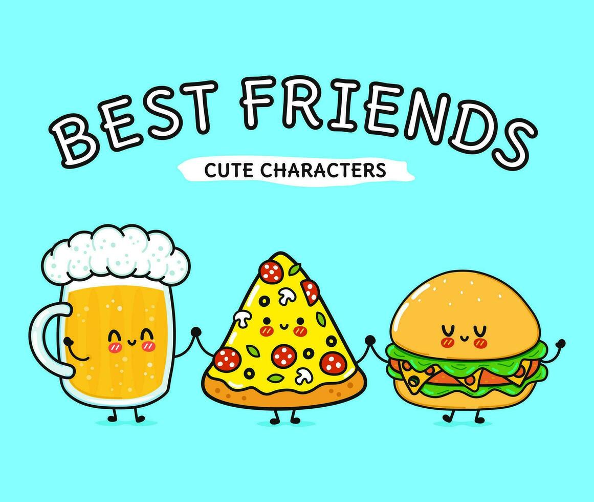 carino, divertente bicchiere di birra, pizza e hamburger. personaggi kawaii del fumetto disegnato a mano di vettore, icona dell'illustrazione. divertente cartone animato bicchiere di birra, pizza e hamburger mascotte amici concetto vettore